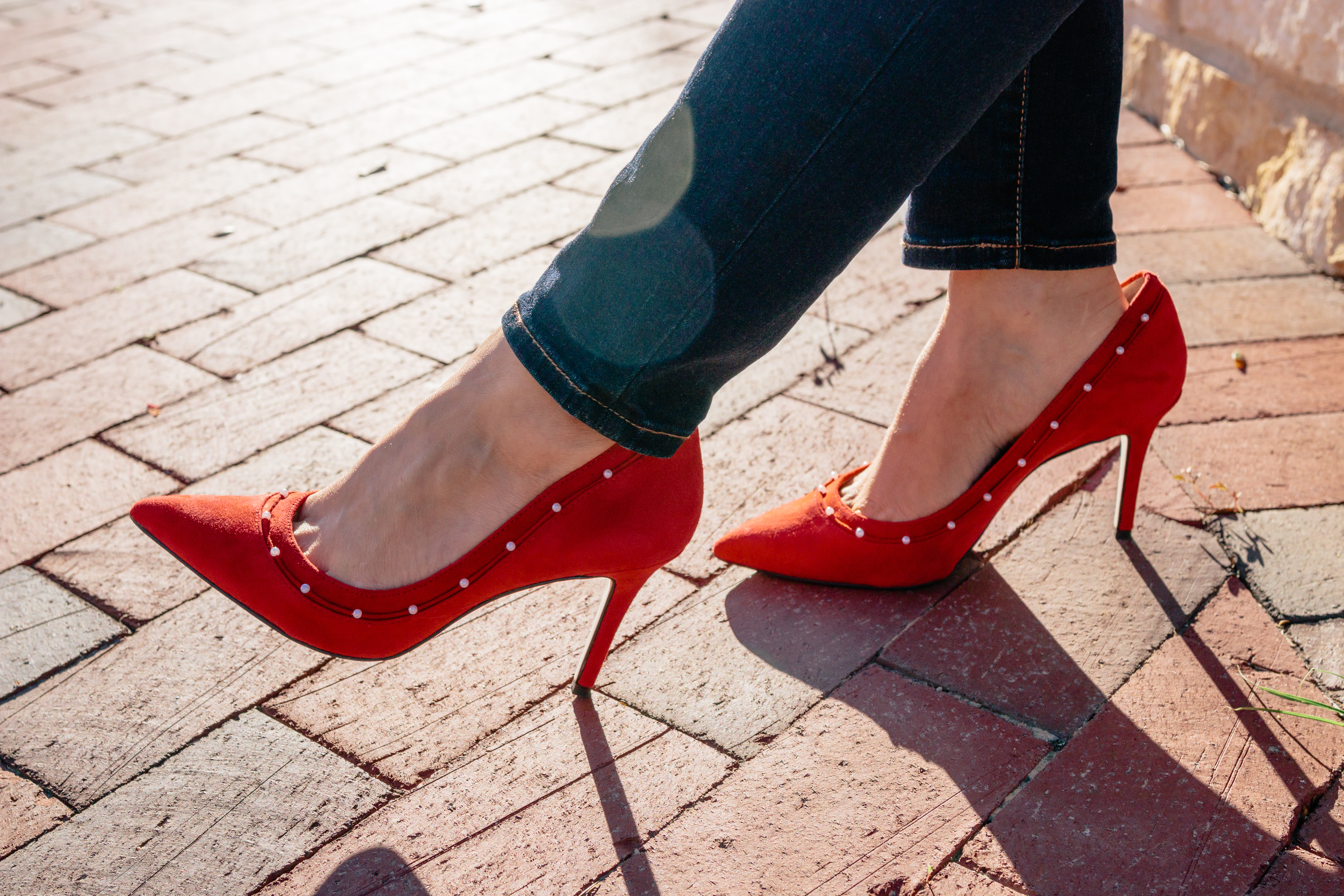 red heels with pearls