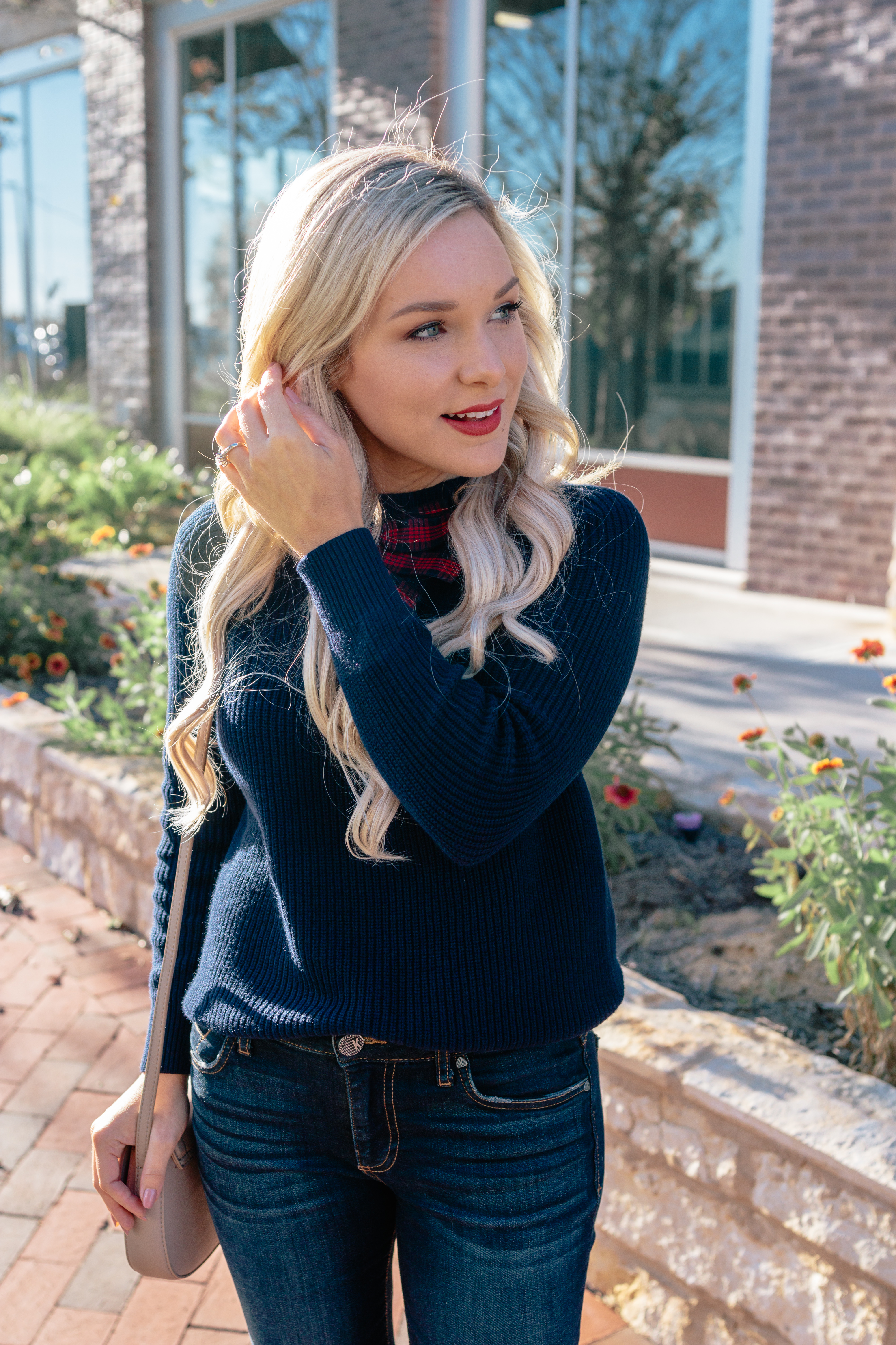 navy sweater with bow