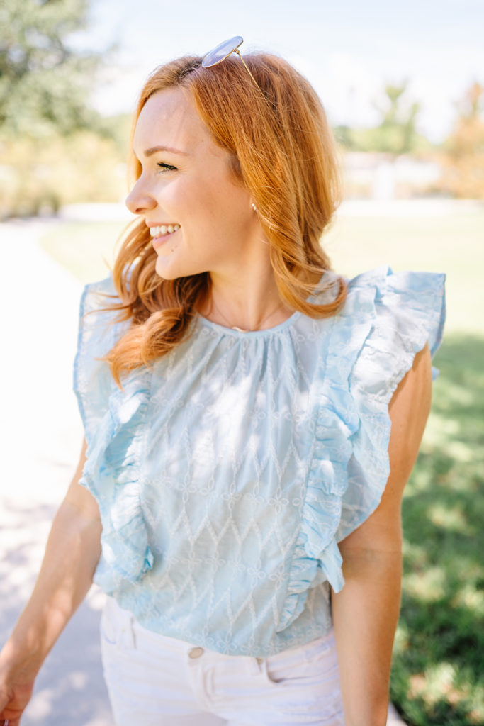 blue and white blouse