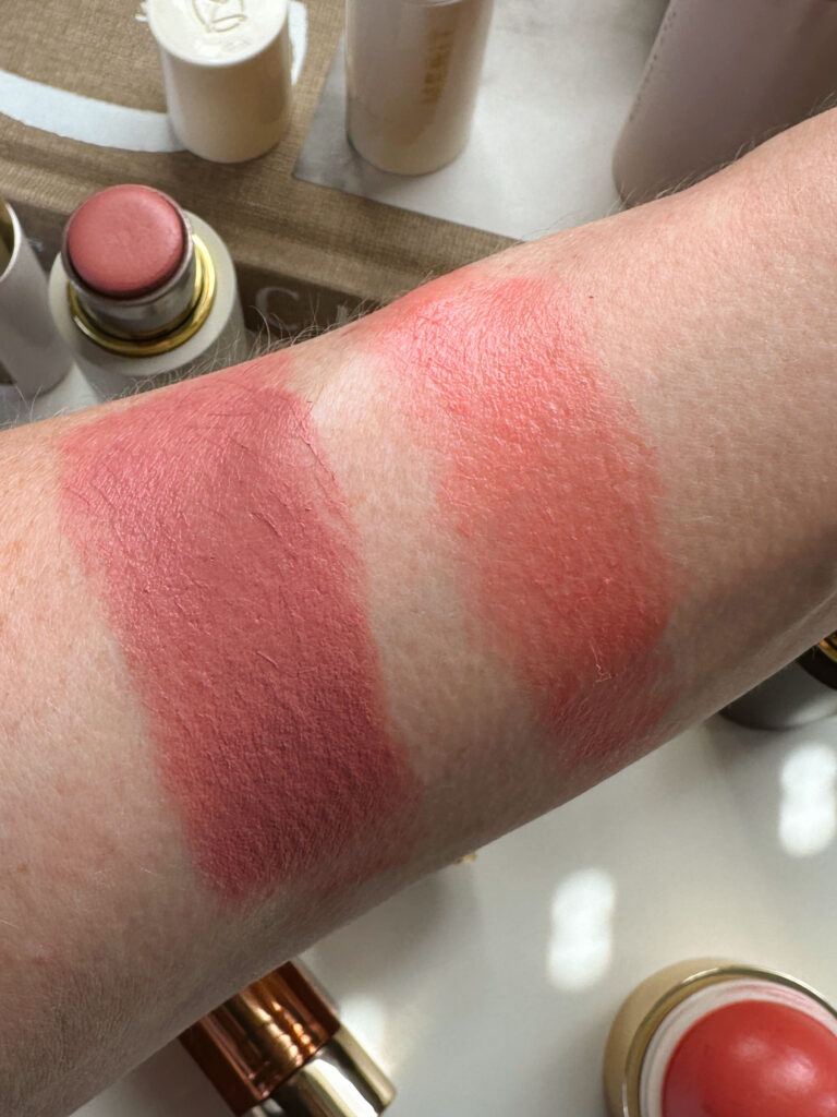 Westman Atelier Baby Cheeks vs Merit Flush Balm blush swatches on fair skin