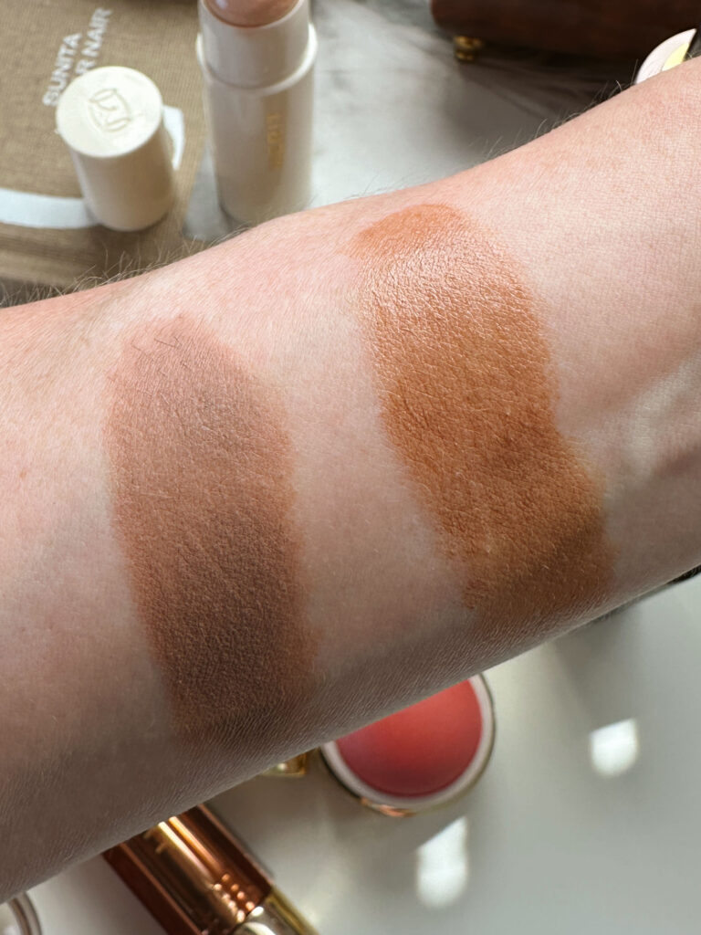 Westman Atelier Face Trace vs Merit Bronze Balm swatch comparison on fair skin